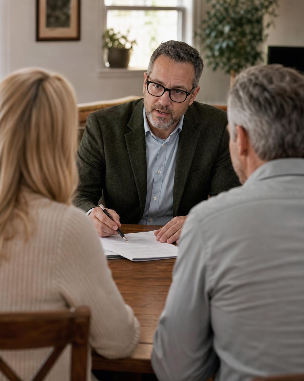 An estate planning consultation with a couple reviewing trust documents