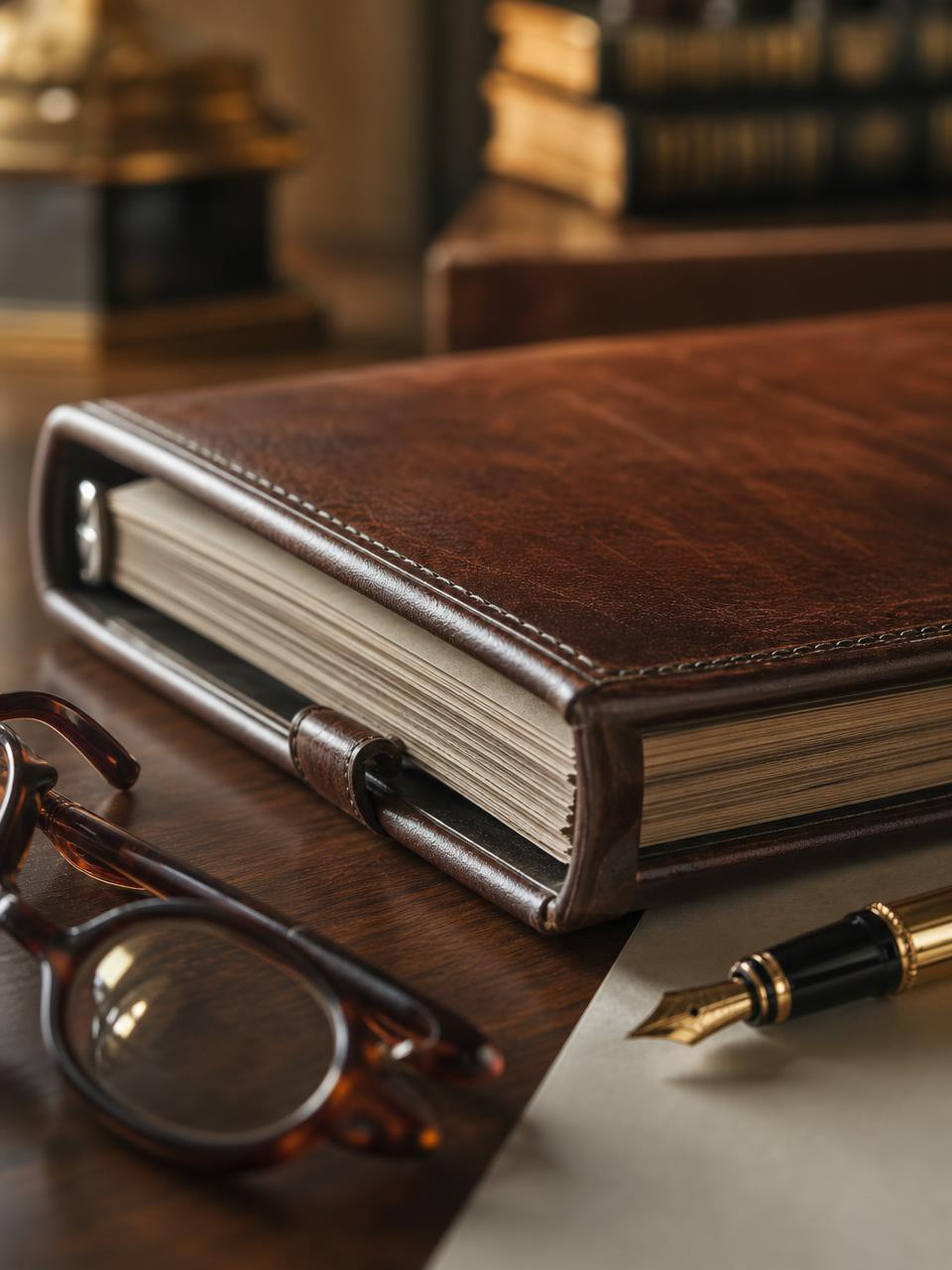 A leather-bound trust binder with a fountain pen