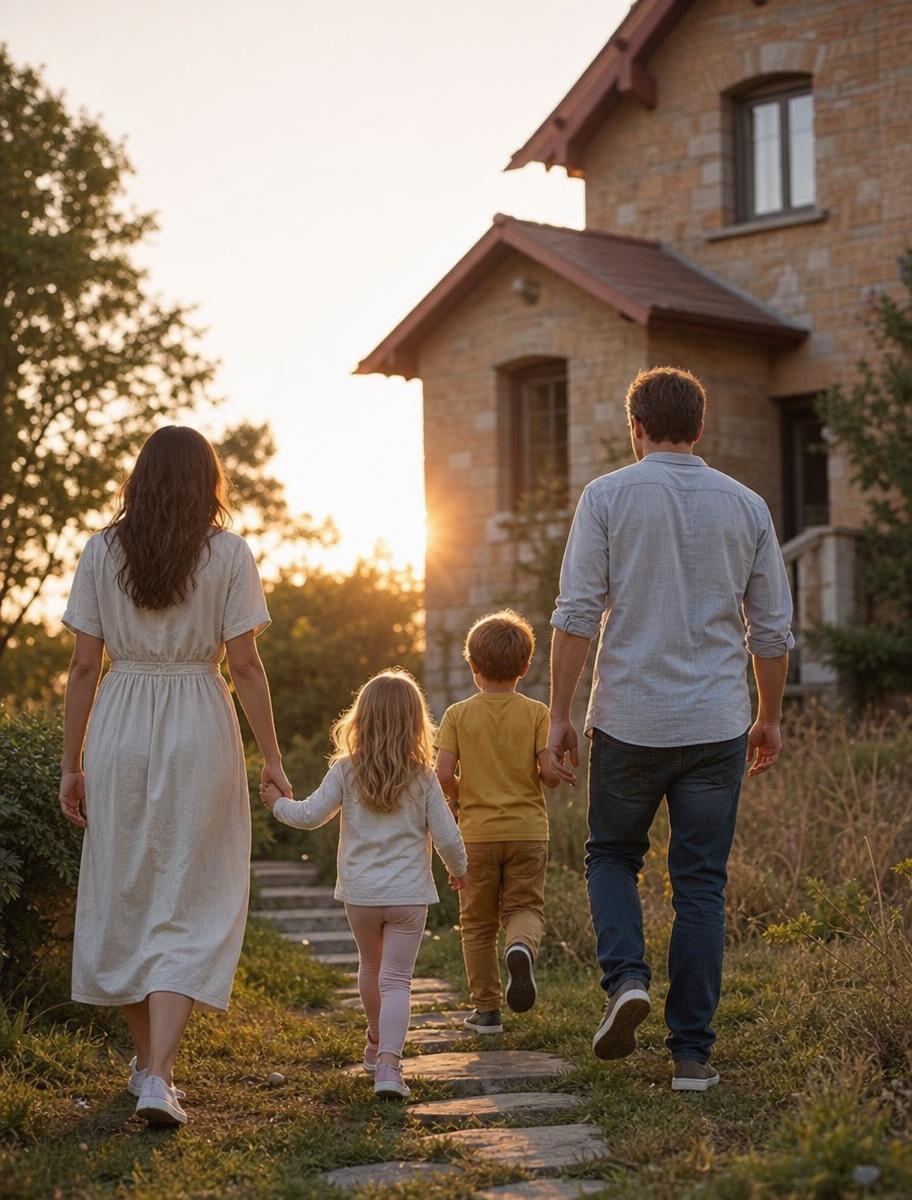A family walking together outside their home